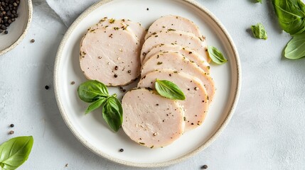 Wall Mural - Elegant and simple turkey ham slices with fresh basil garnish, placed on a white ceramic plate. Clean and fresh food photography, ideal for meal prep.