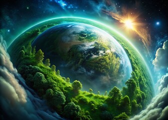Panoramic View of Lush Green Planet Against a Dark Universe - Stunning Space Photography