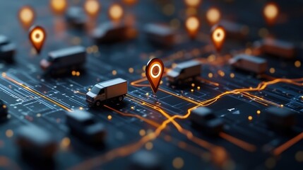 Poster - Computer circuit board with light bulb and logistics manager monitoring fleet of vehicles in background
