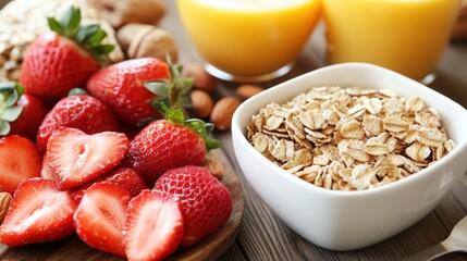 Wall Mural - Healthy Breakfast of Oatmeal, Strawberries and Orange Juice on Wood Table