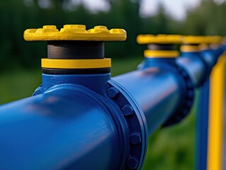 Close-up view of blue industrial pipe with yellow valve in natural surroundings.