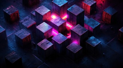 Poster - 3d image of a cube emitting bright light in a futuristic city with concrete and neon elements