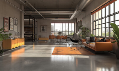 Wall Mural - Urban Loft with Polished Concrete Floors and Large Windows Showcasing a Cityscape View