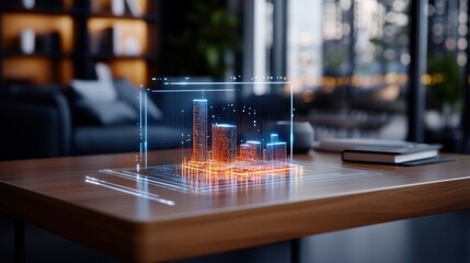 Poster - Laptop displaying 3d model of city with architectural simulator and hologram project for innovation