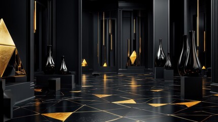 Black gold interior, geometric vases, art gallery, luxury design