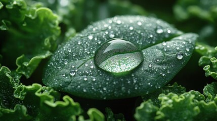 Canvas Print - Close Up of a Green Leaf with a Water Drop and Dew in Soft Lighting