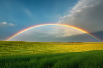 Wall Mural - rainbow over green field