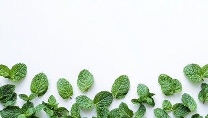 Wall Mural - Fresh mint leaves border on white background