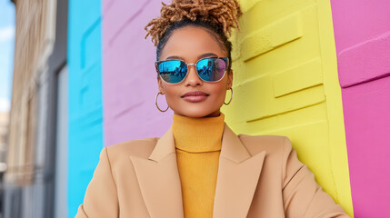 Wall Mural - Stylish woman in sunglasses and beige blazer against colorful wall