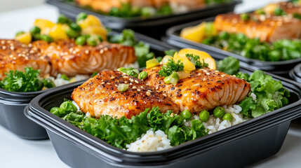 Wall Mural - Healthy meal prep with salmon, rice, and vegetables for fitness enthusiasts