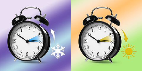 Poster - Daylight saving time. Black alarm clocks on color background, collage. Highlighted areas and arrows showing time change by one hour forward and back