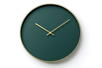 Dark green wall clock, gold frame, white background, time management