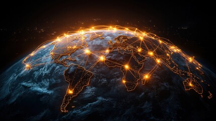 Poster - World map with illuminated connections and digital globe showcasing global trade routes and networks