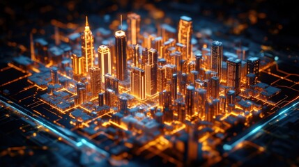 Poster - City skyline with skyscrapers and digital tablet displaying holographic city model at night