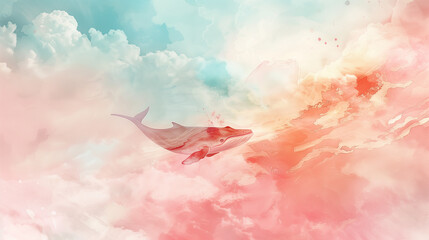 Wall Mural - A dreamy watercolor painting of a majestic whale gliding through a pastel-colored ocean sky