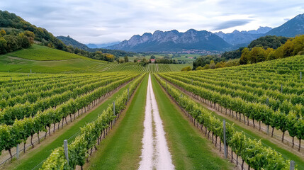 Sticker - serene vineyard landscape Slovenian countryside, showcasing rows of grapevines and distant