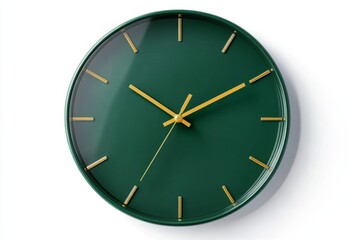 Green wall clock, gold hands, white background, time management (1)