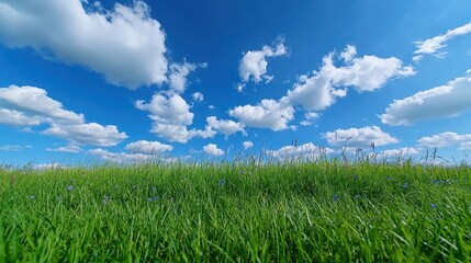 Wall Mural - Lush green grass against a vivid blue sky dotted clouds