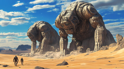 Wall Mural - 3d rendering of an alien planet with a desert landscape and giant stone statues buried in the sand. Thunder-Chained Titans. Illustration