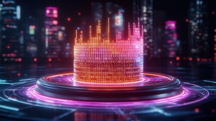 Poster - Futuristic cityscape with binary code and holographic data modeling in a digital environment