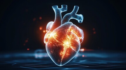 Poster - 3d hologram of a human heart organ structure with glowing lines and lights in high fidelity visualization
