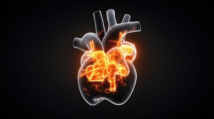 Poster - 3d hologram of a glowing human heart structure with flames and vibrant colors in a dark background