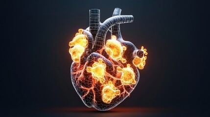 Poster - 3d hologram of human heart organ with flames and glowing elements on a dark background