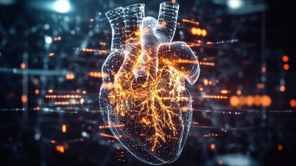 Poster - Glowing hologram of a human heart organ in the dark with illuminated lines and 3d structure detail