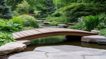 Wall Mural - serene wooden bridge over tranquil stream surrounded by lush greenery