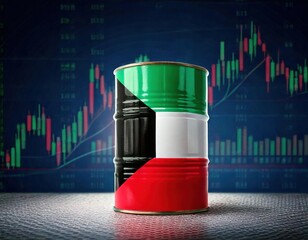 Wall Mural - Oil barrel with Kuwait flag design on display against financial market background