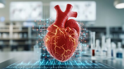 Poster - Hologram of a red realistic 3d human heart displayed on a digital screen with a heart symbol