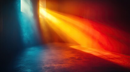 Sticker - Ethereal light beams streaming through windows, illuminating a misty room with vibrant colors