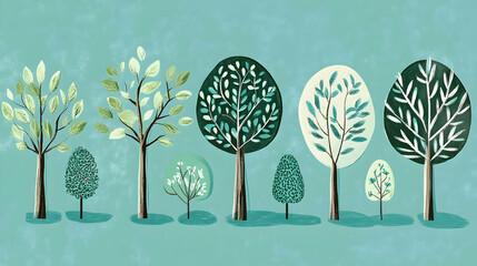 stylized trees, spring growth, teal background, nature illustration, website design