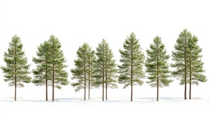 Winter pine trees, snowy ground, white background, nature scene, website design