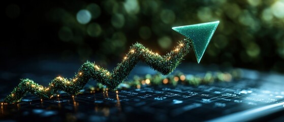 Poster - Green arrow on laptop keyboard with upward moving financial graph on dark background