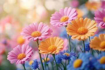 Wall Mural - Colorful Floral Display with Pink Orange and Blue Daisies in Soft Focus Light