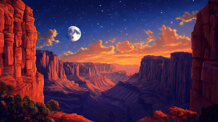 Wall Mural - Rocky canyon landscape with moon and stars in the night sky. Eternal Sunset Valleys. Illustration