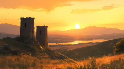 Two ancient stone towers stand on a hilltop overlooking a valley and the sea at sunset. Eternal Sunset Valleys. Illustration