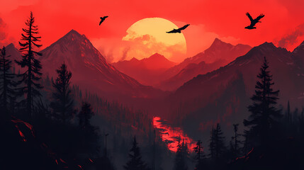 Wall Mural - A breathtaking view of mountain silhouettes stretching endlessly in red evening light, evoking a sense of peace and timelessness across the rugged landscape. Eternal Sunset Valleys. Illustration