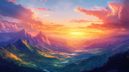 Wall Mural - Breathtaking eternal horizon: mystical mountains and radiant skies embrace the whispering wilderness - epic fantasy landscape - vibrant sky, valleys and hills. Eternal Sunset Valleys. Illustration