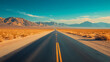 © Thiago - Desert highway with distant mountains, close-up, clear blue sky and unending horizon, desolate beauty, no humans. Eternal Sunset Valleys. Illustration