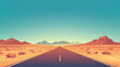 © Thiago - Desert highway with distant mountains, close-up, clear blue sky and unending horizon, desolate beauty, no humans. Eternal Sunset Valleys. Illustration
