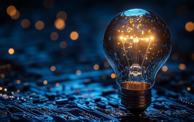 Poster - Light bulb glowing with visible circuit board inside, dark blue background, neon glow, futuristic electronic design, detailed circuitry