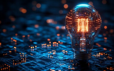Poster - Light bulb glowing with visible circuit board inside, dark blue background, neon glow, futuristic electronic design, detailed circuitry