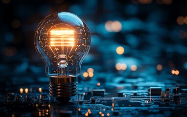 Poster - Light bulb glowing with visible circuit board inside, dark blue background, neon glow, futuristic electronic design, detailed circuitry
