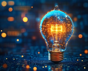 Poster - Bright glowing light bulb with an exposed circuit board inside, dark blue background, hightech neon glow, detailed electronic design, futuristic energy
