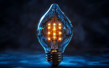 Poster - Glowing light bulb with a circuit board inside, dark blue background, electric energy, futuristic design, vibrant neon light effects, intricate circuit details