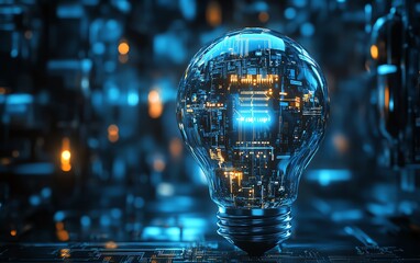 Poster - Glowing light bulb with a circuit board inside, dark blue background, electric energy, futuristic design, vibrant neon light effects, intricate circuit details