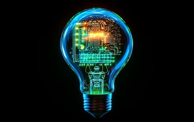 Poster - Glowing light bulb with a circuit board inside, dark blue background, electric energy, futuristic design, vibrant neon light effects, intricate circuit details