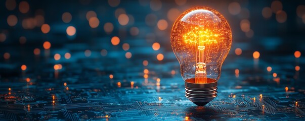 Poster - Glowing light bulb with circuit board inside, dark blue background, dynamic neon glow, intricate electronic details, modern tech aesthetic